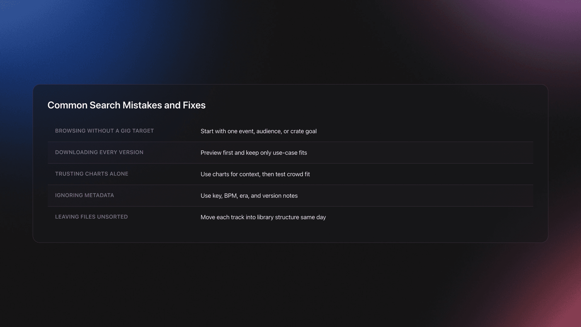 Table card listing common DJ record pool search mistakes and the practical fix for each one