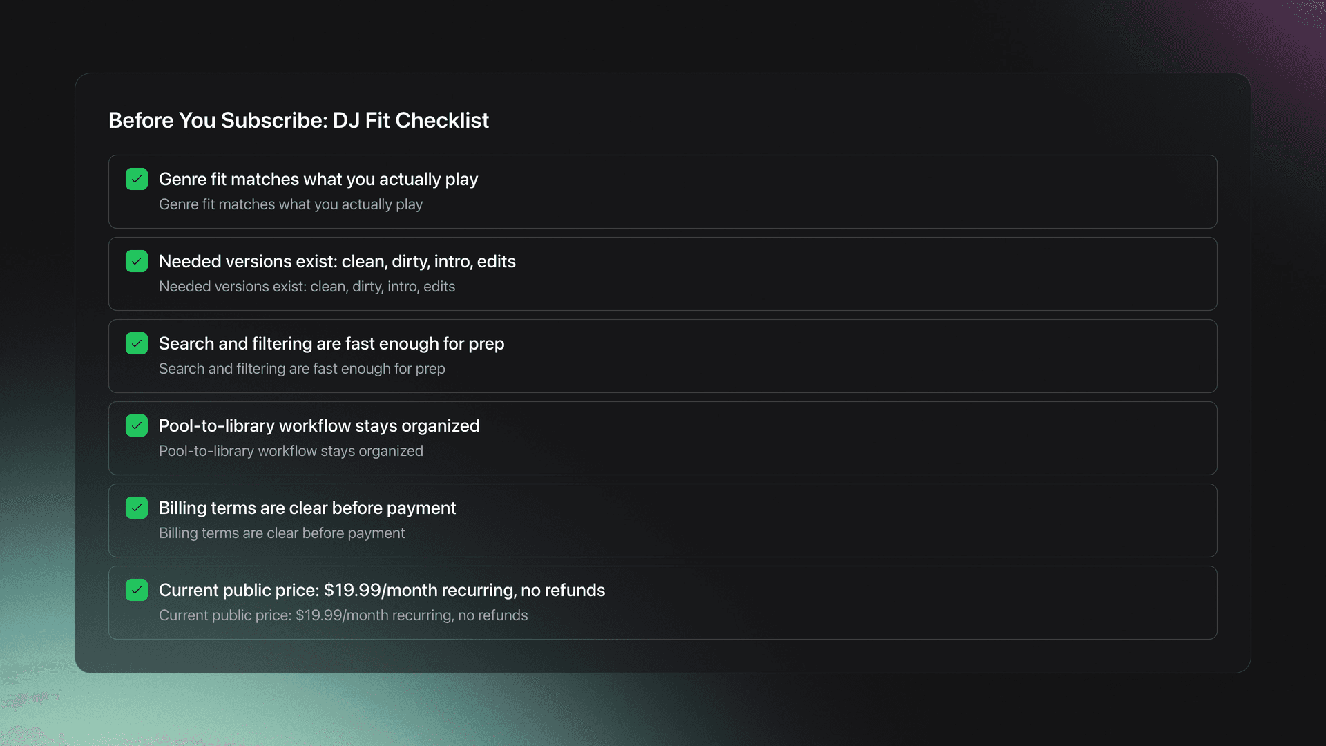 Checklist card showing the six things DJs should verify before subscribing to Franchise Record Pool, including genre fit, version fit, workflow fit, and billing terms