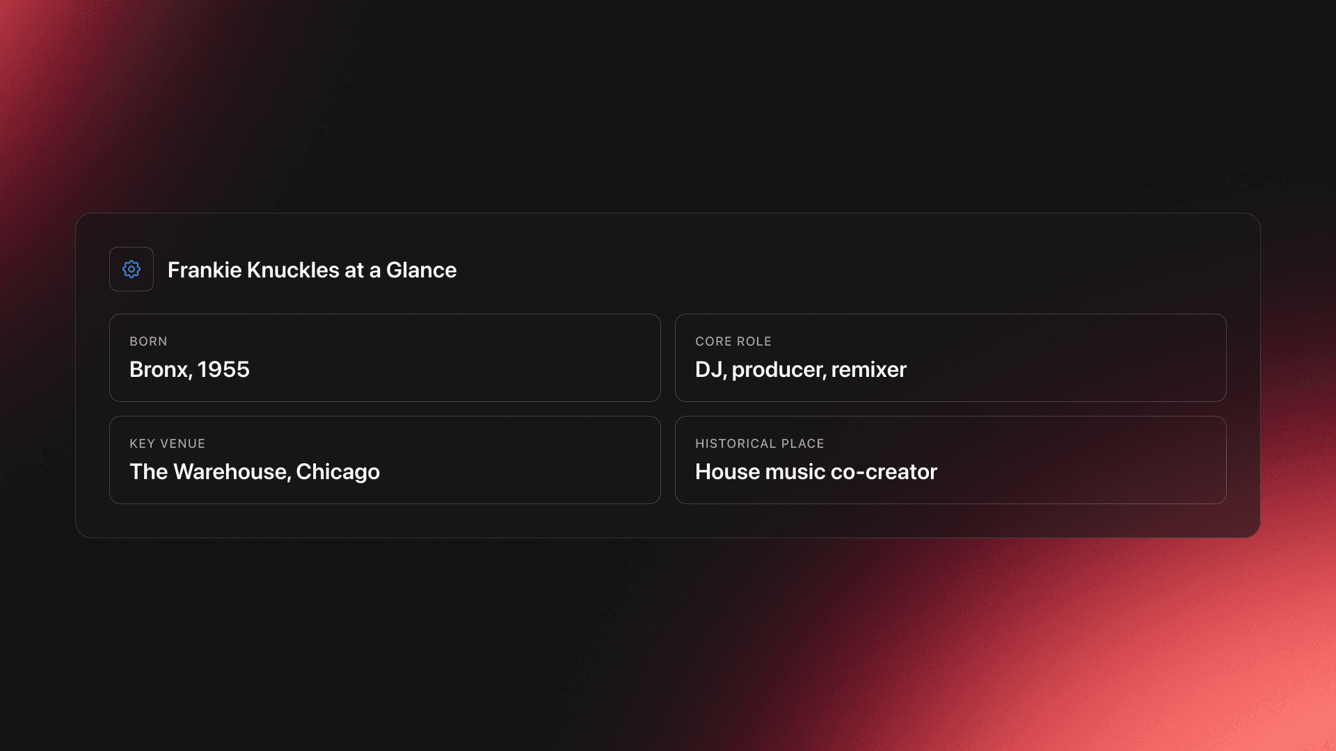 Quick-reference card summarizing Frankie Knuckles's birth, role, key venue, and place in house music history