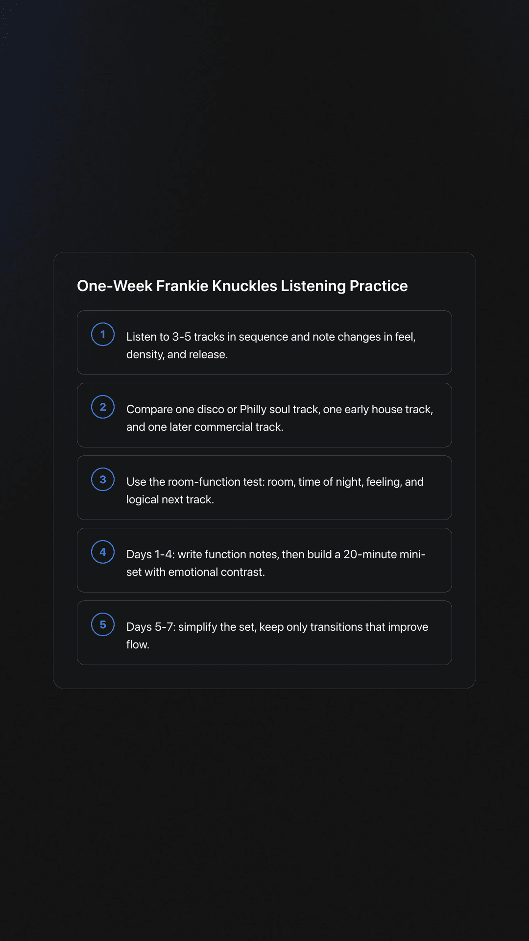 Step-by-step card outlining a one-week method for listening to Frankie Knuckles more actively and building better sequencing instincts
