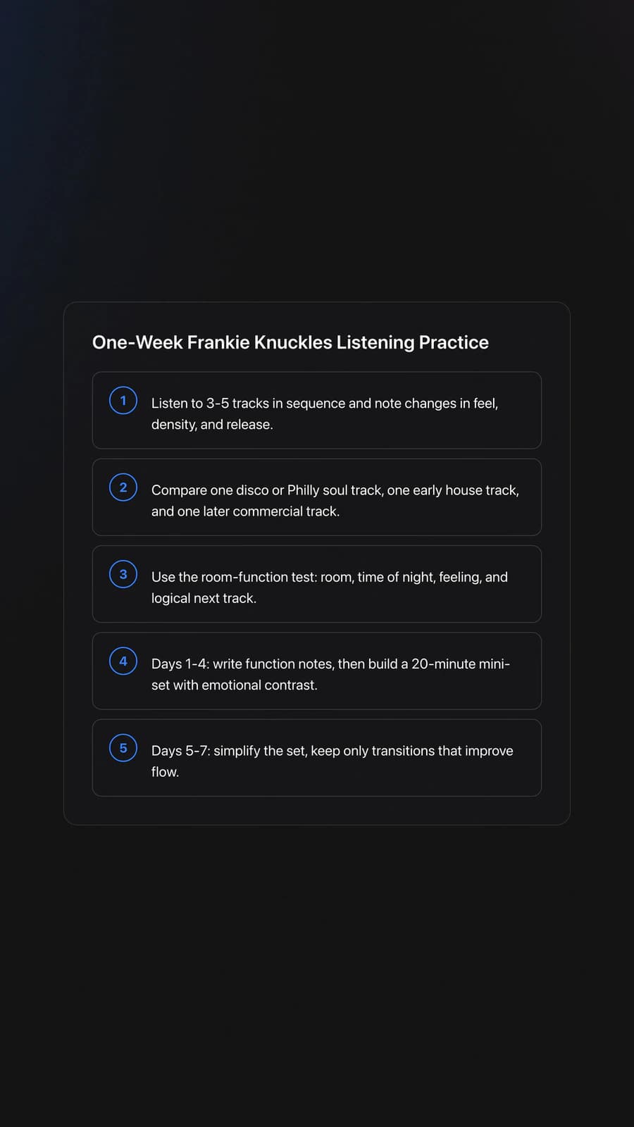 Step-by-step card outlining a one-week method for listening to Frankie Knuckles more actively and building better sequencing instincts