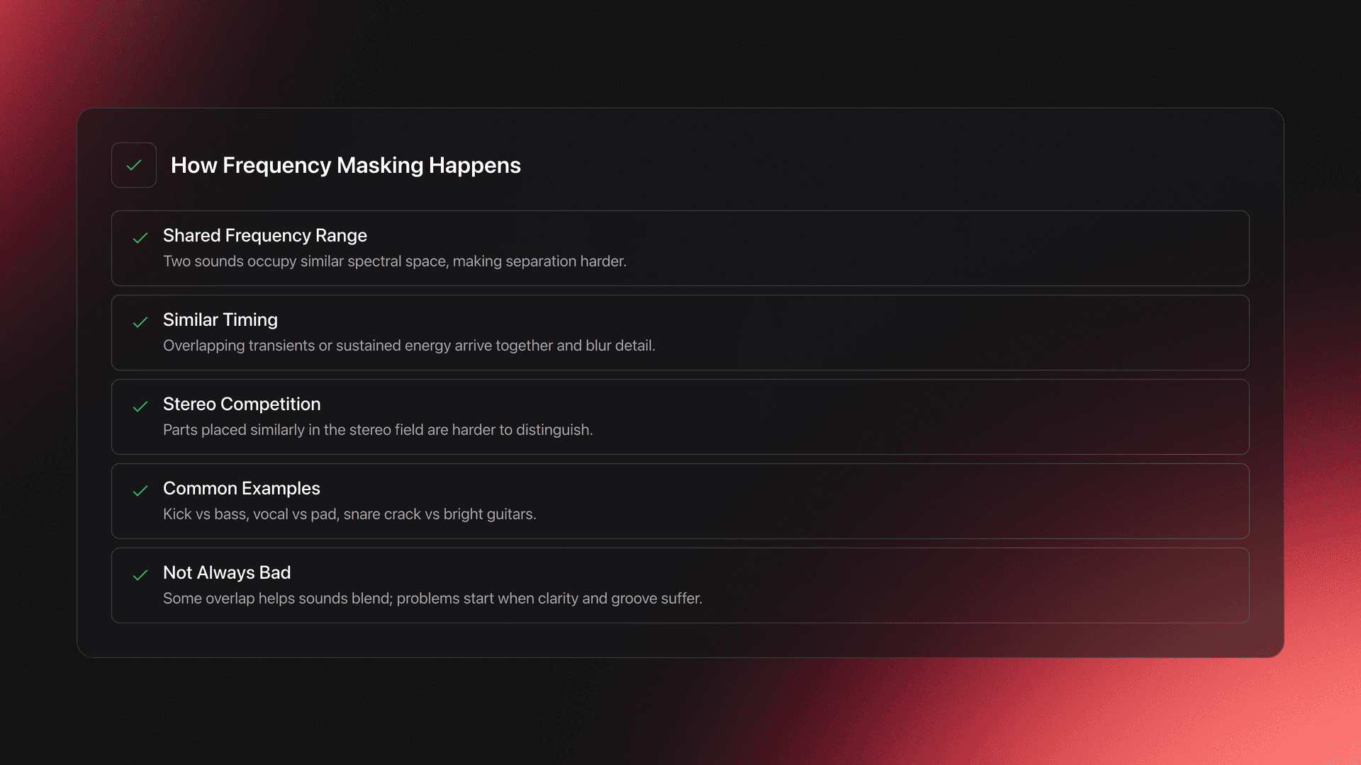 Feature card explaining frequency masking through shared frequency range, timing, stereo competition, examples, and when overlap becomes a problem