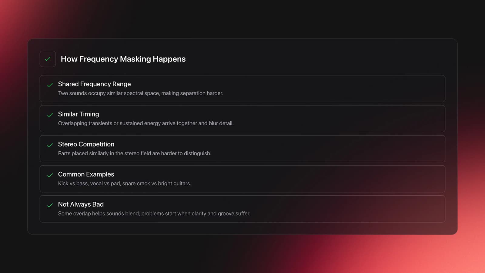 Feature card explaining frequency masking through shared frequency range, timing, stereo competition, examples, and when overlap becomes a problem