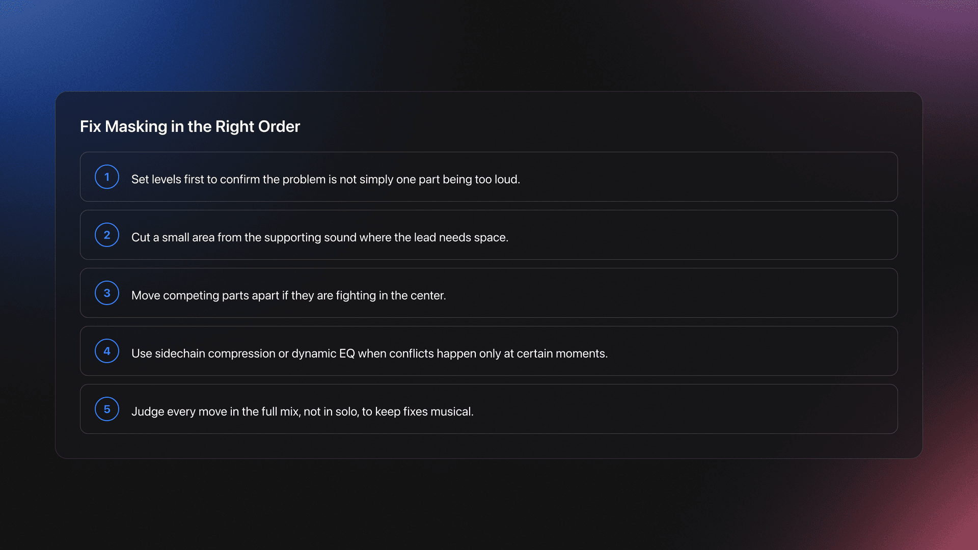Steps card showing the recommended order for reducing frequency masking: balance, subtractive EQ, stereo placement, dynamic control, and context check