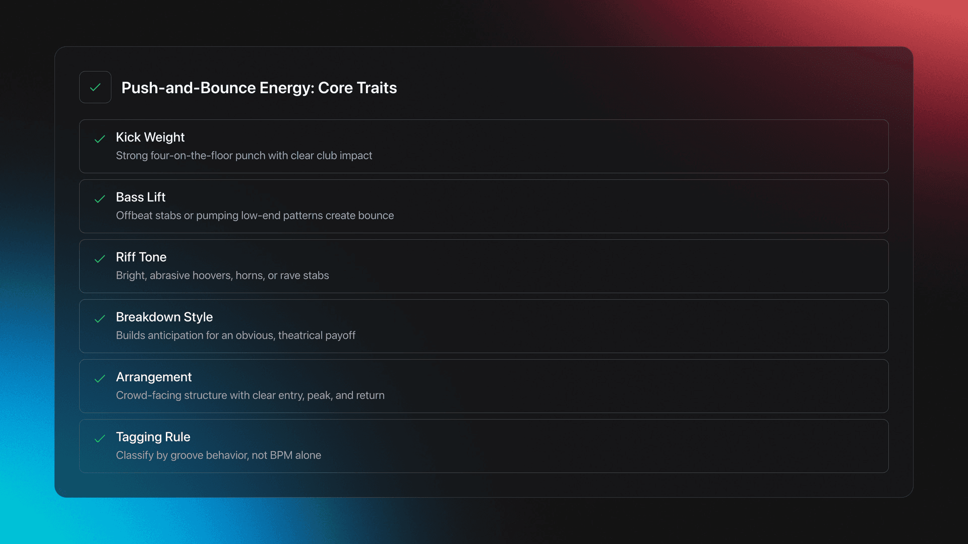 Features card listing six core hard house sound traits including kick, bass, riffs, breakdowns, arrangement and tagging rule