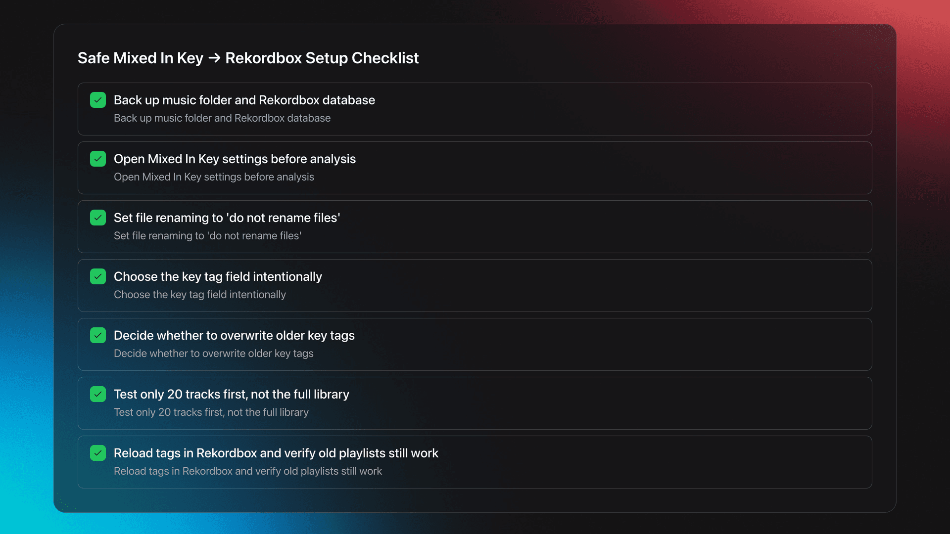 Checklist for safely analyzing tracks with Mixed In Key without breaking Rekordbox playlists or file references