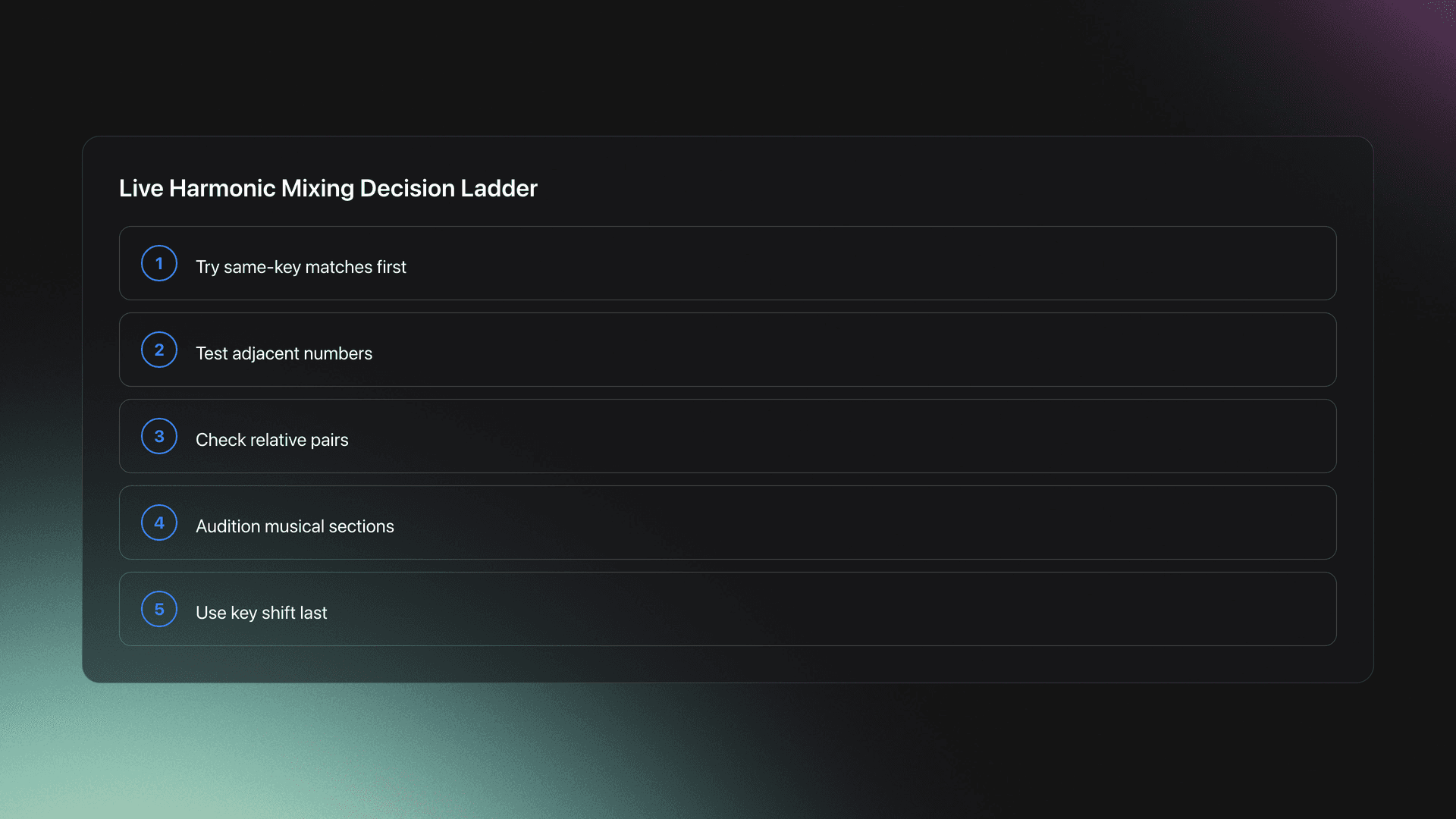 Five-step decision ladder for using key labels in Rekordbox to find strong harmonic transitions under pressure
