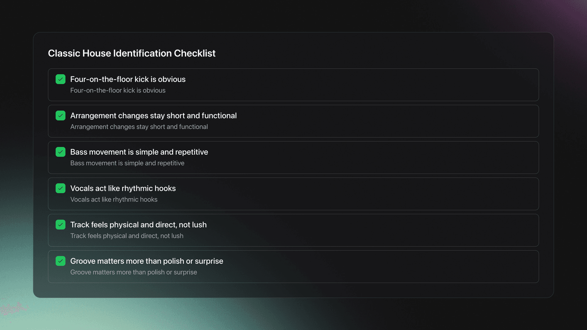 Timeline card showing the progression from disco afterlife to early 1980s Chicago nightlife, the Warehouse scene, producer response, and the emergence of house music
