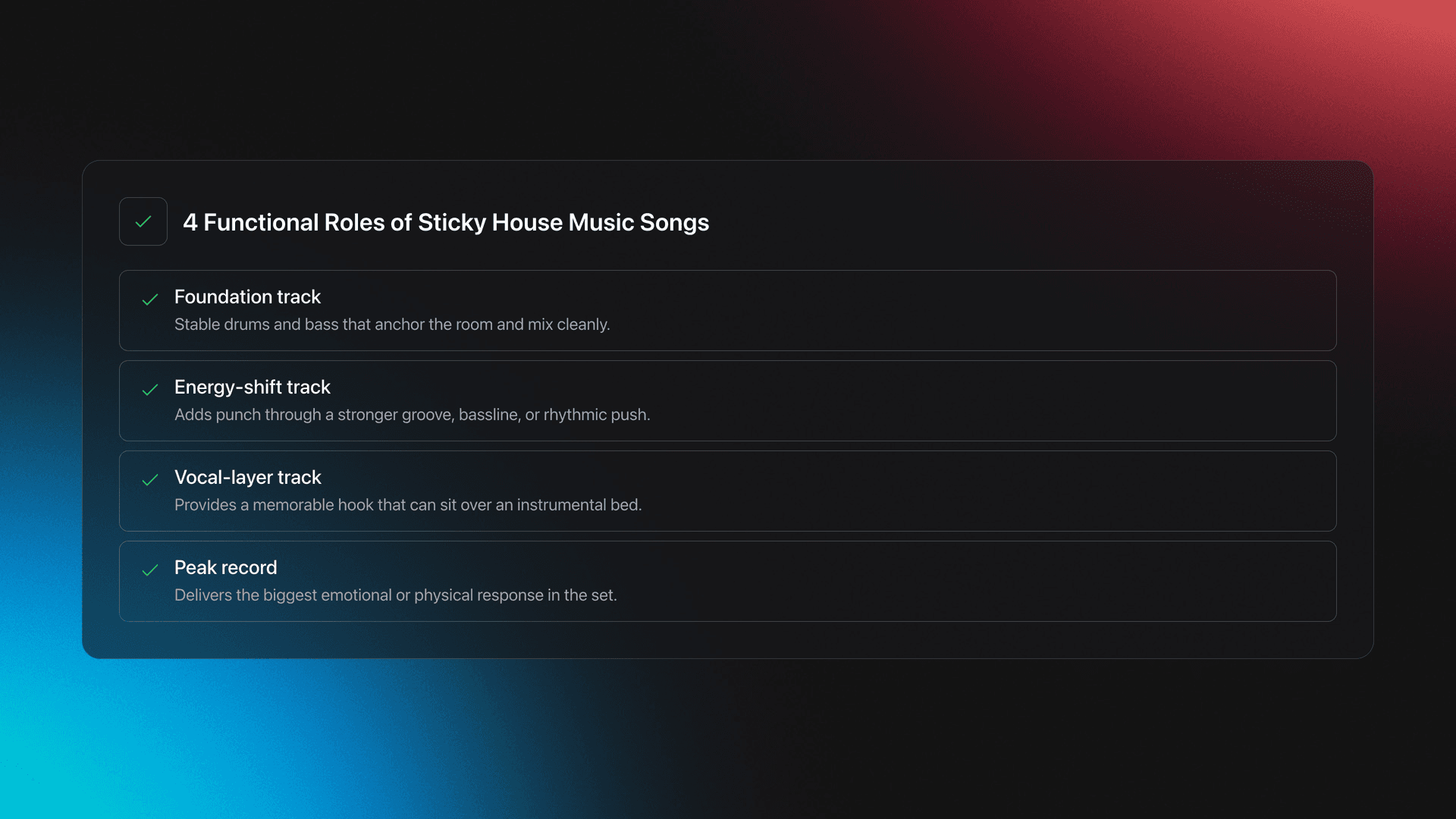 Feature card showing four roles of house music songs: foundation, energy-shift, vocal-layer, and peak record