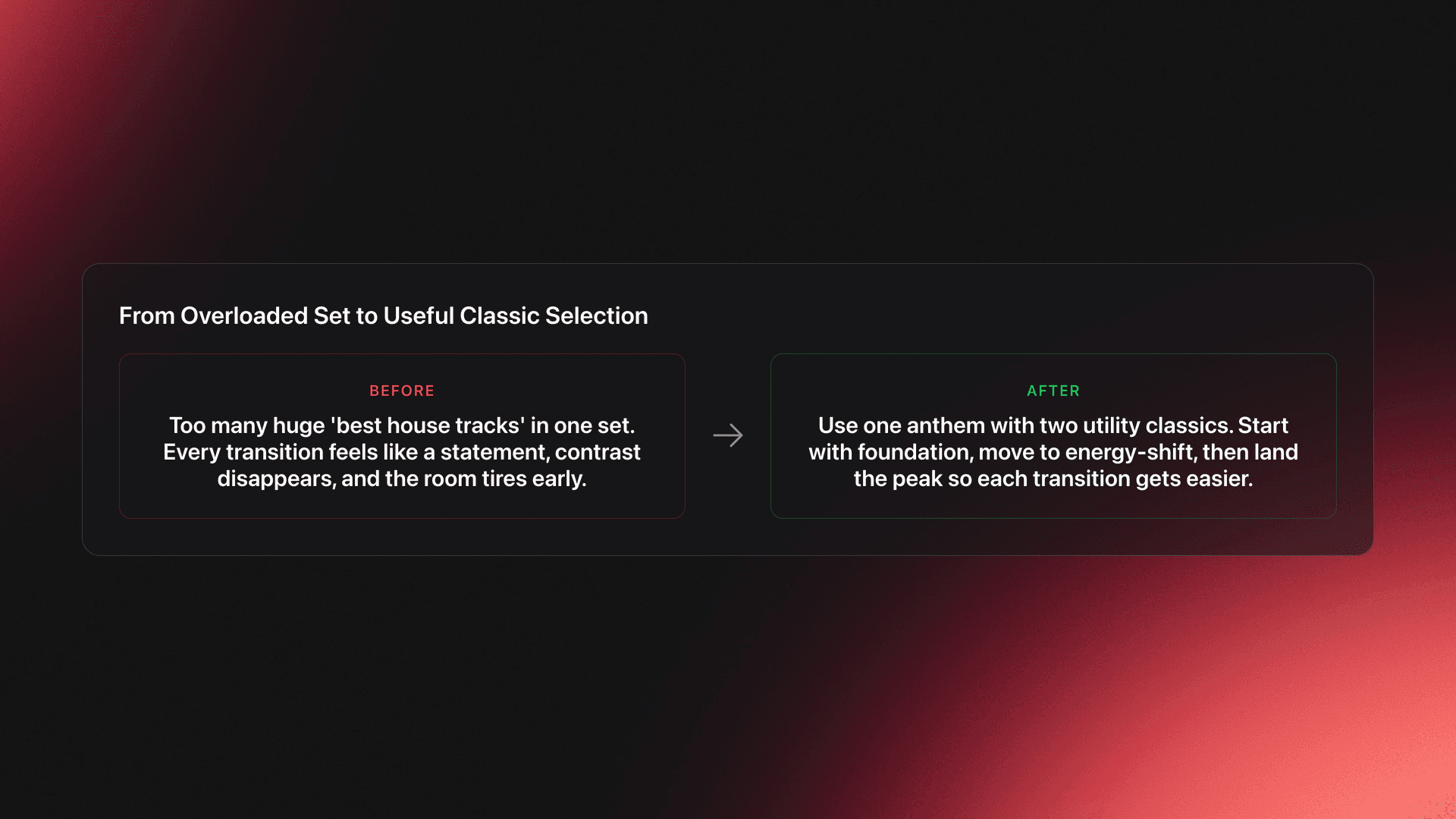 Before-and-after card contrasting an overloaded house set with a balanced classic-house selection strategy