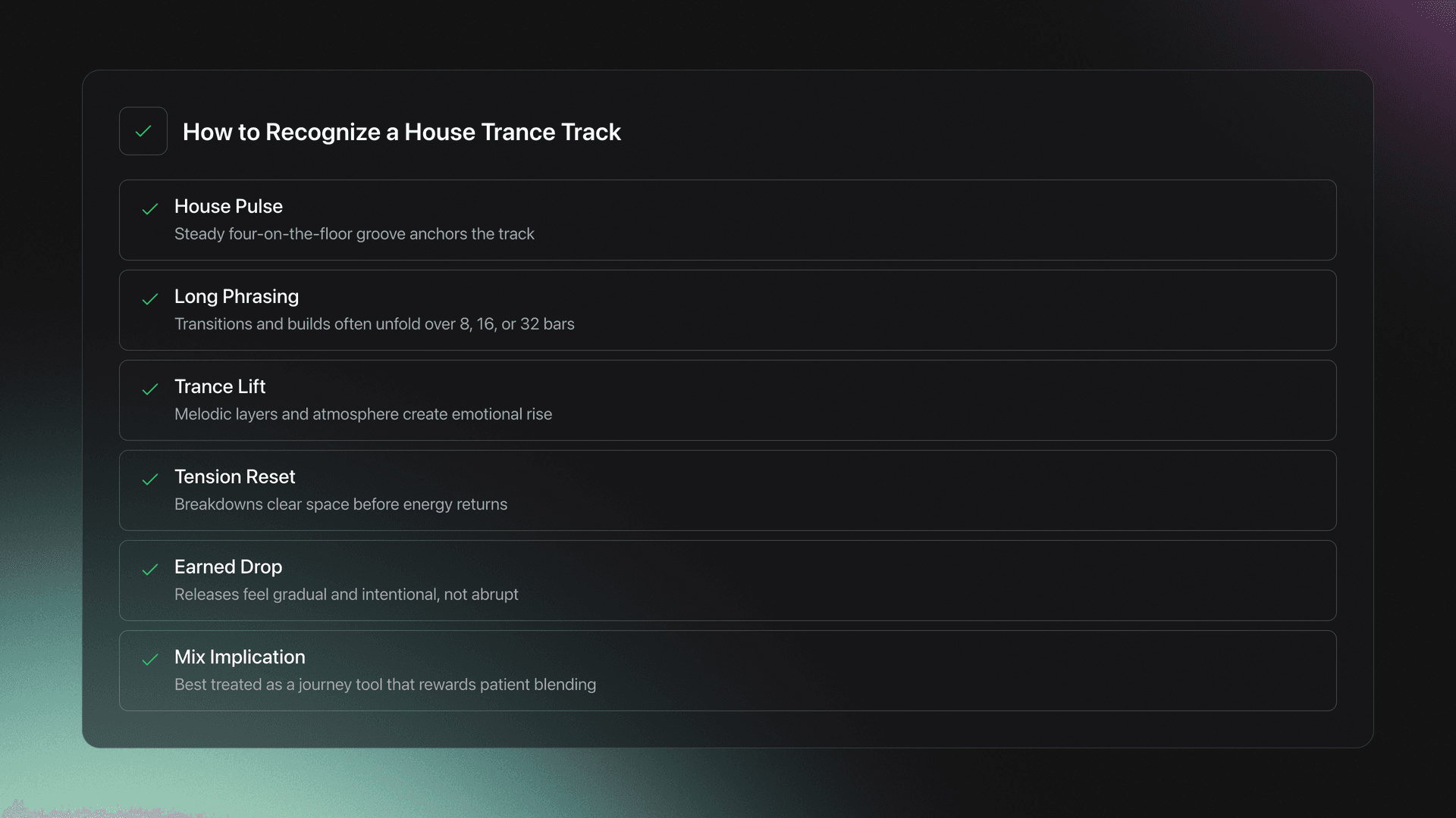 Feature card listing the main traits of house trance including house groove, long phrasing, melodic lift, breakdowns, and patient mixing