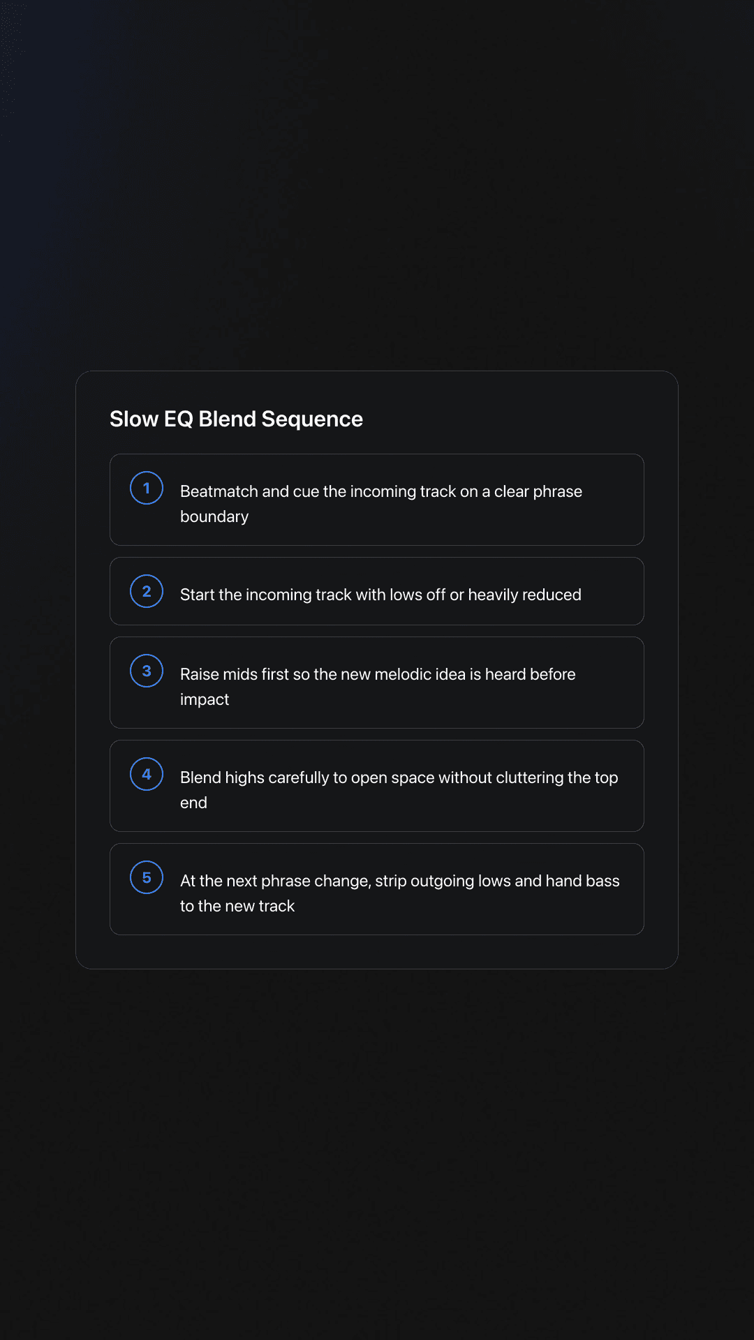 Step-by-step card showing a slow EQ blending process for house trance from phrase alignment to bass handoff