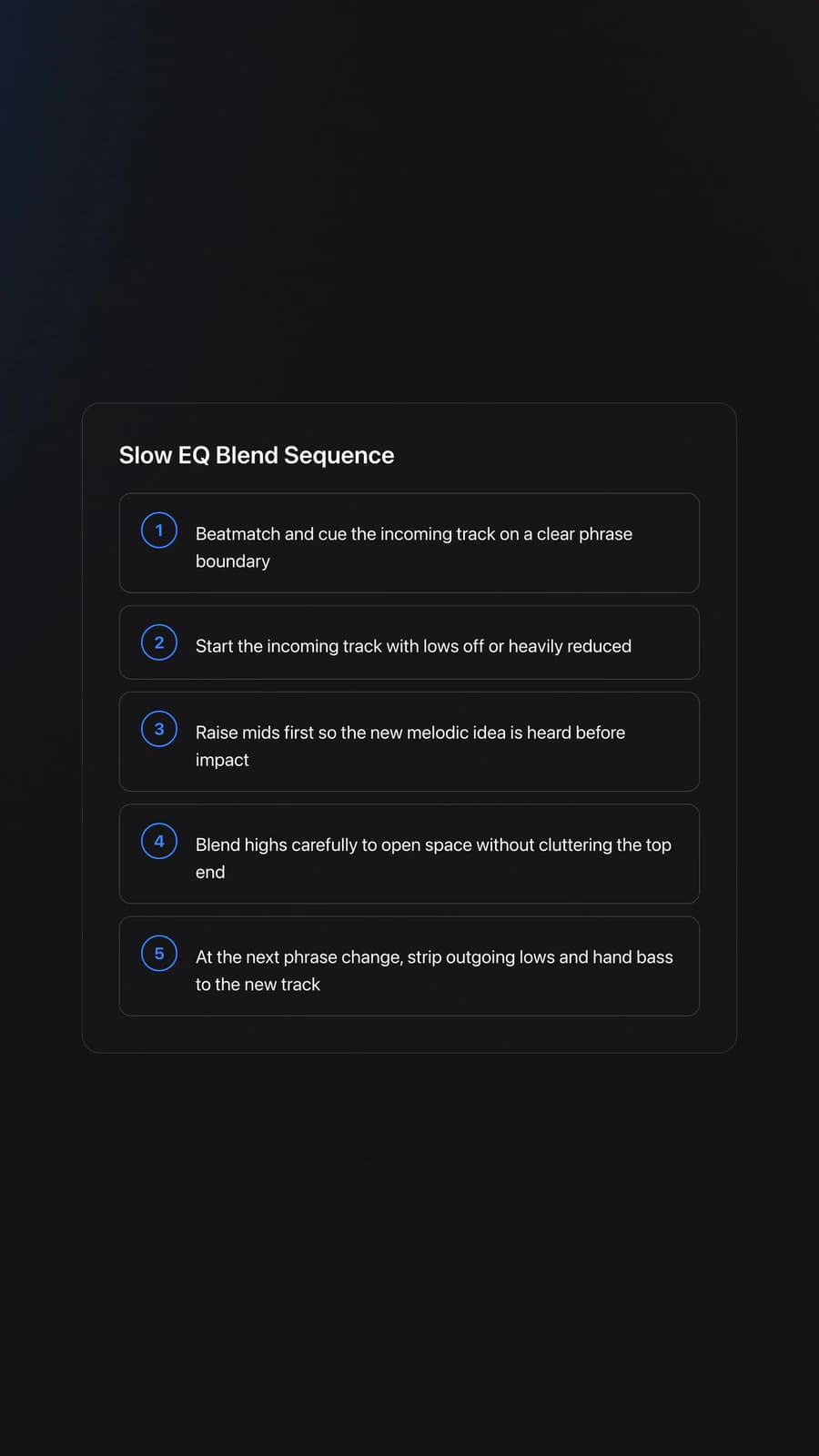 Step-by-step card showing a slow EQ blending process for house trance from phrase alignment to bass handoff