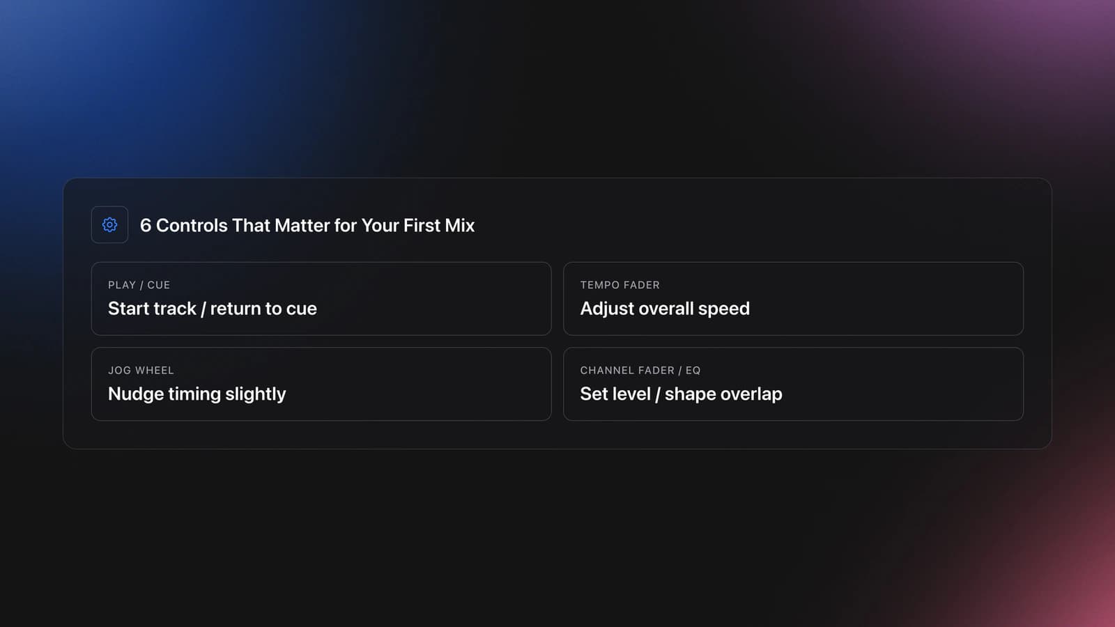 Specifications-style card listing the essential DJ controls for a first mix and what each one does
