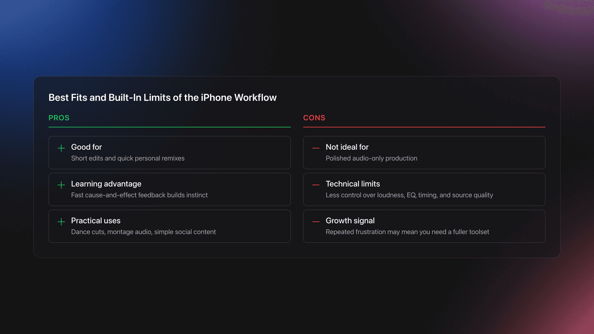 Pros and cons card showing where the iPhone song-combining workflow works well and where it starts to fall short