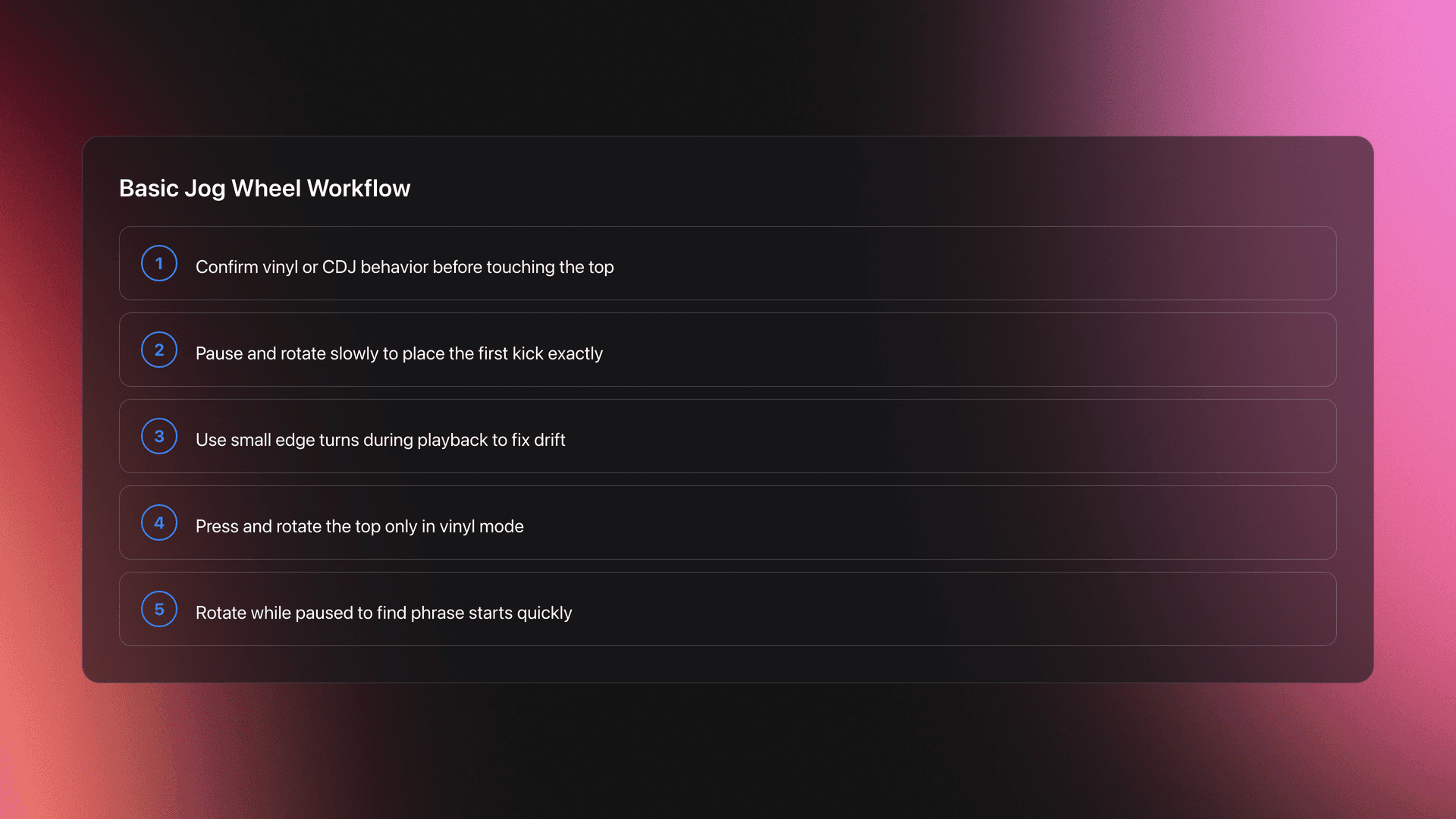 Step-by-step card showing how to use a jog wheel: check mode, set cue, nudge timing, scratch in vinyl mode, and search while paused