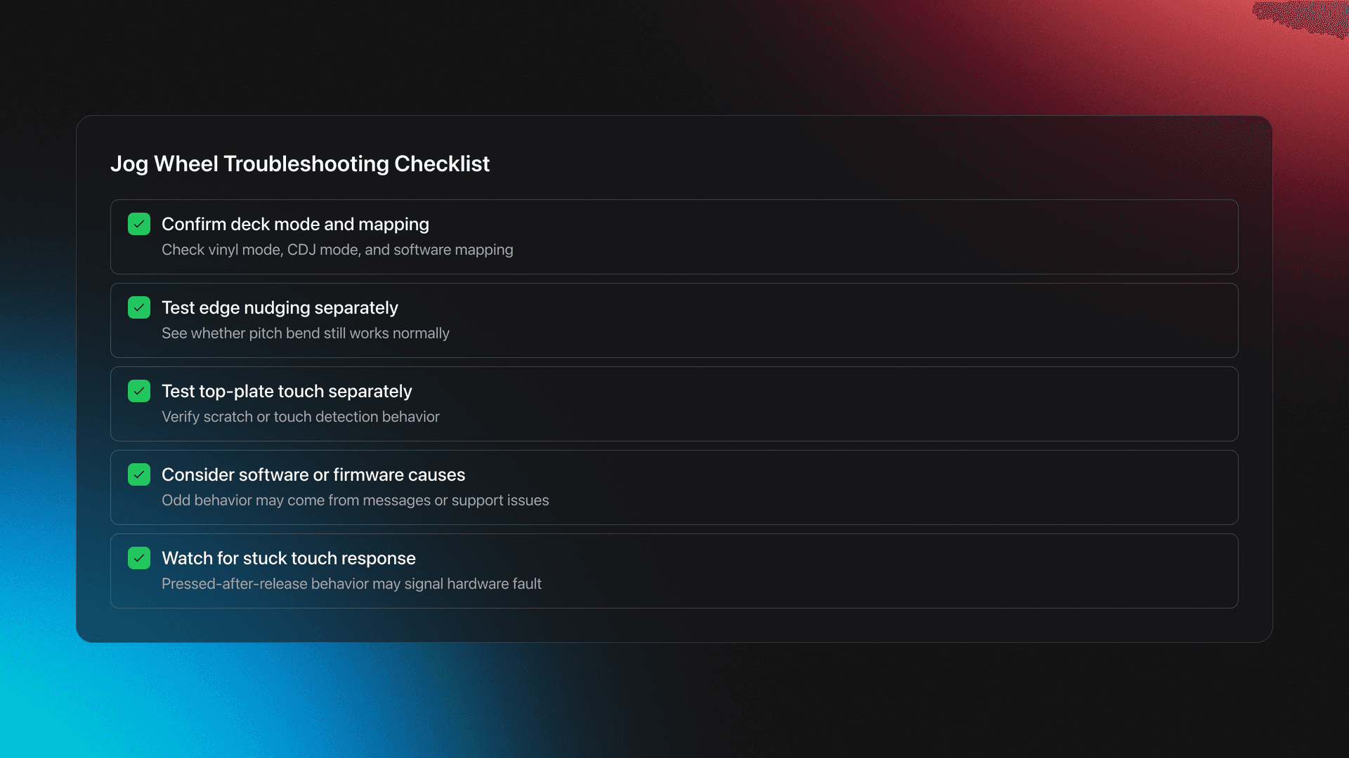 Checklist card for troubleshooting jog wheel problems, including mode checks, separate edge and top tests, mapping review, and signs of hardware faults