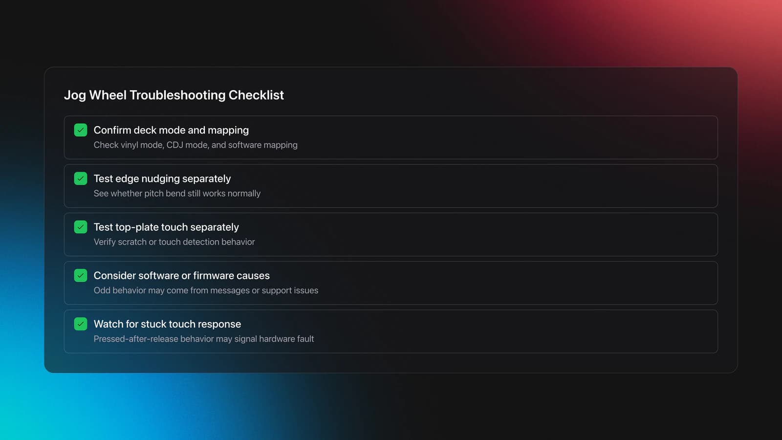 Checklist card for troubleshooting jog wheel problems, including mode checks, separate edge and top tests, mapping review, and signs of hardware faults