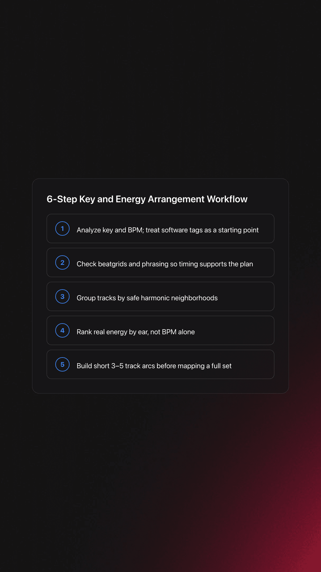 Steps card outlining a workflow for analyzing tracks, grouping by compatible keys, ranking energy, and building short arcs