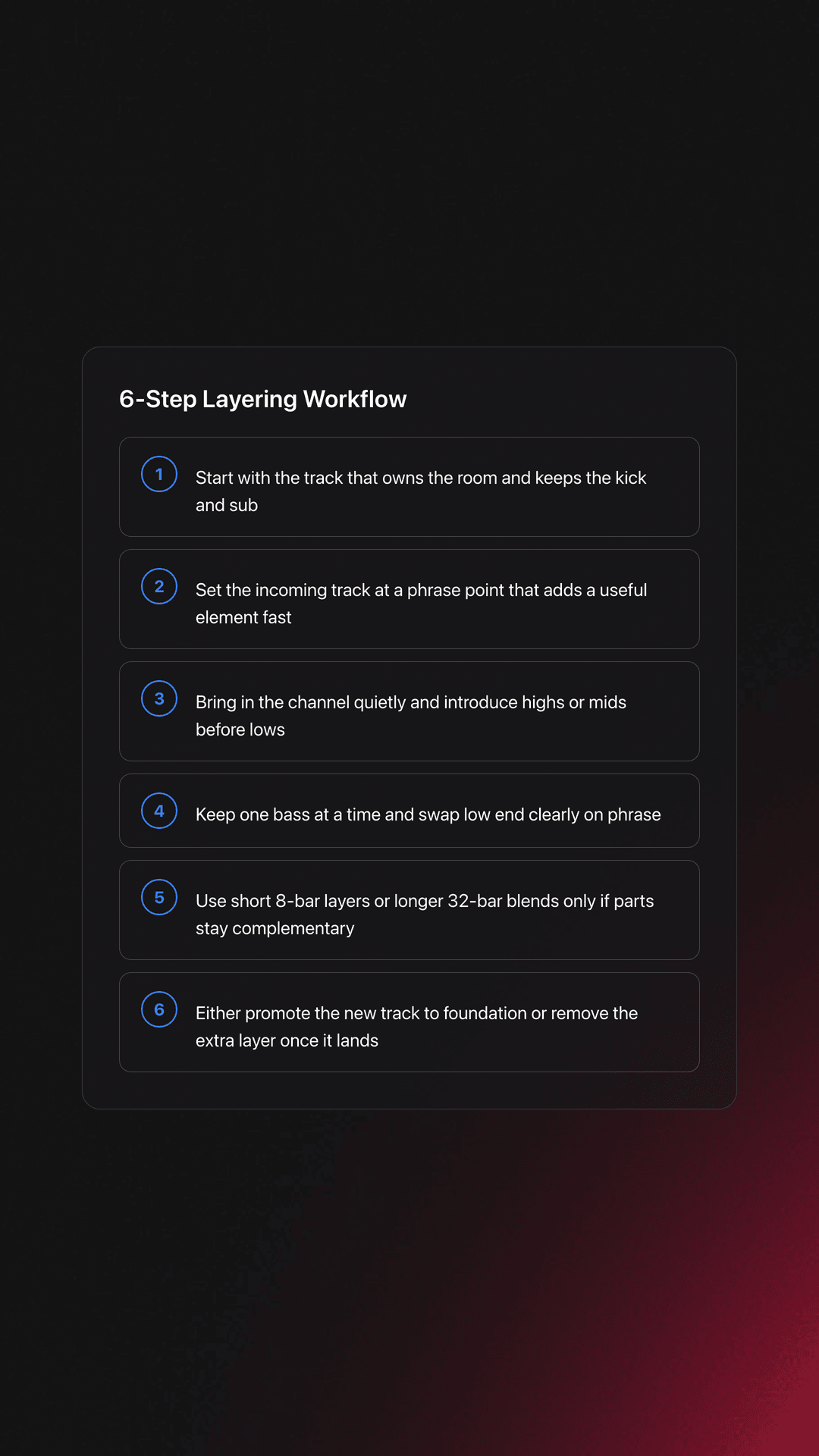Step-by-step card outlining how to begin layering tracks in a DJ mix