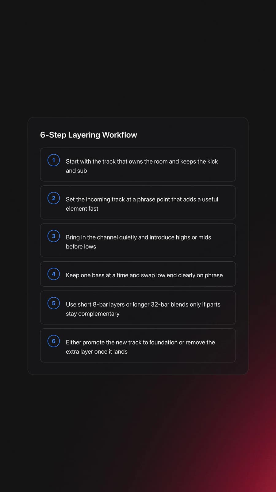 Step-by-step card outlining how to begin layering tracks in a DJ mix