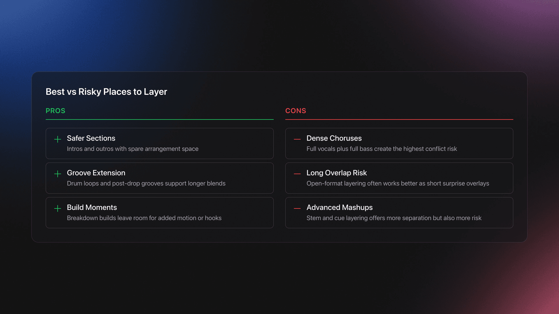 Pros and cons style card showing where layering works best and where it becomes risky in a DJ set