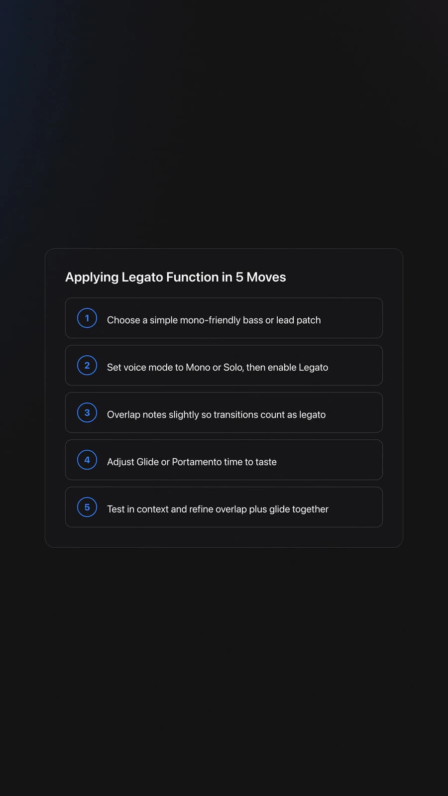 Step-by-step card showing how to apply legato function on a synth using mono mode, note overlap, and glide settings
