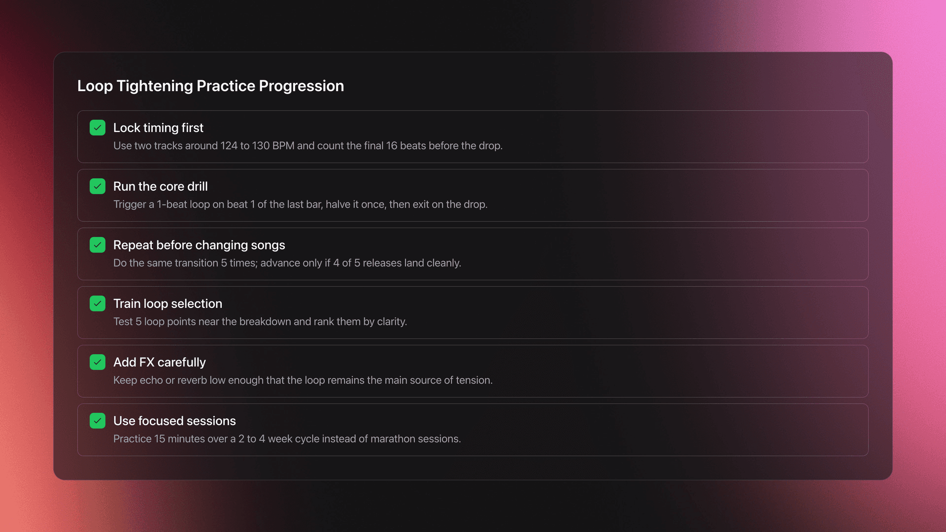 Checklist card outlining a structured practice routine for loop tightening, including timing drills, repetition targets, loop selection, and controlled FX use