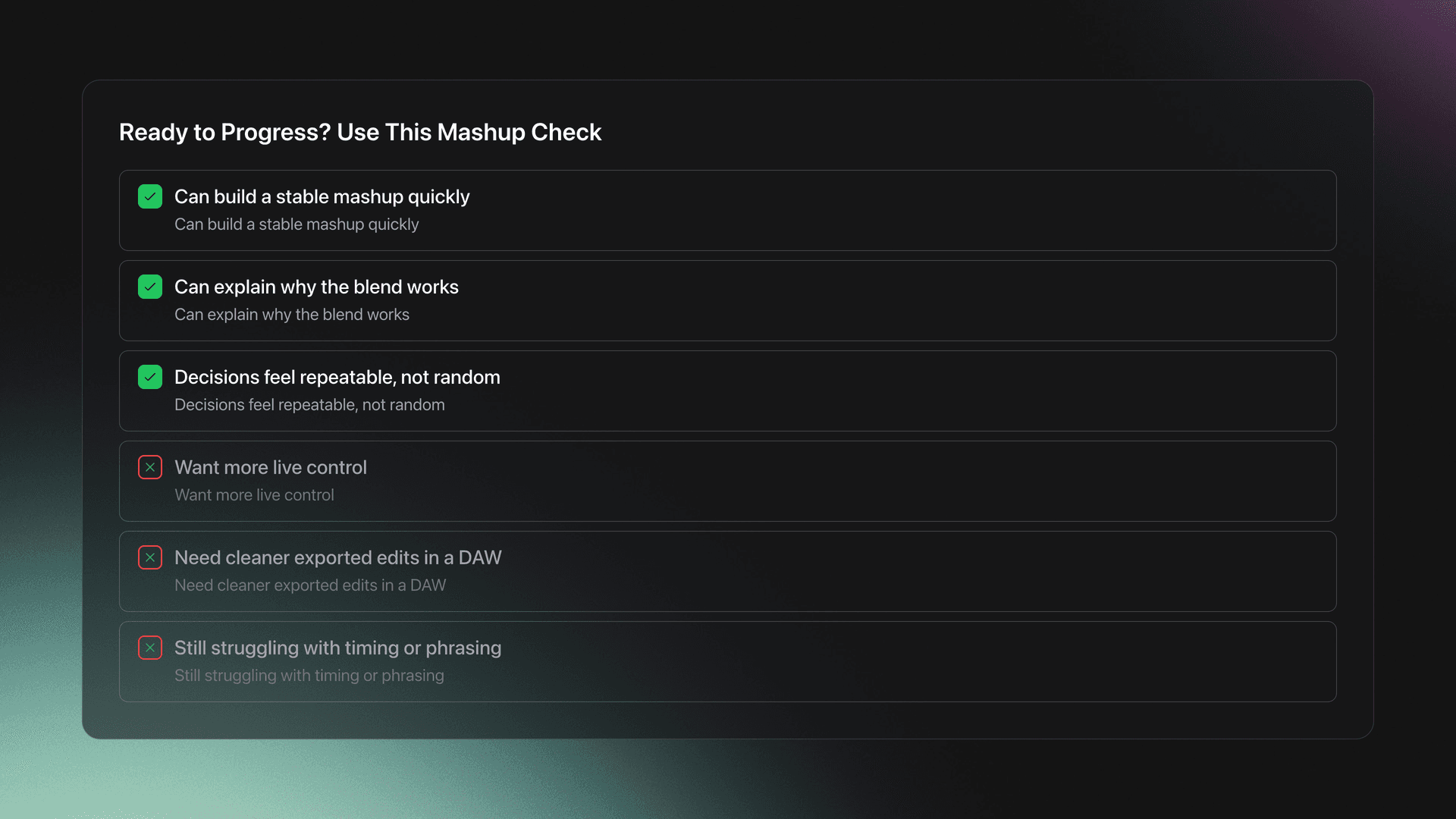 Checklist card showing readiness signals for progressing beyond basic mashups and next-direction options