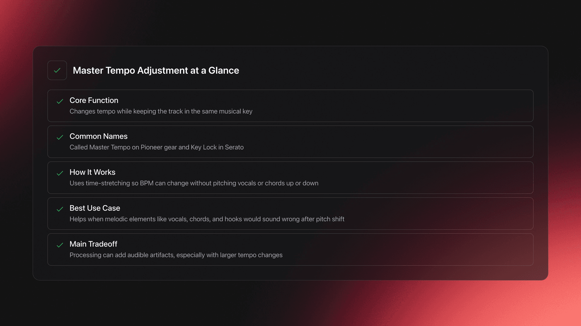 Feature card explaining what Master Tempo Adjustment does, what it is called, how it works, when it helps, and its main tradeoff