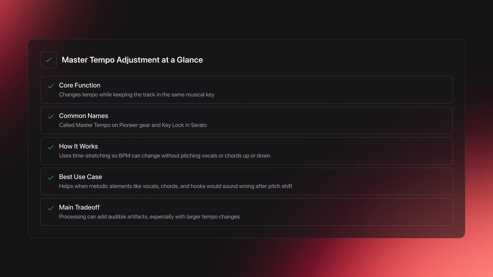 Feature card explaining what Master Tempo Adjustment does, what it is called, how it works, when it helps, and its main tradeoff