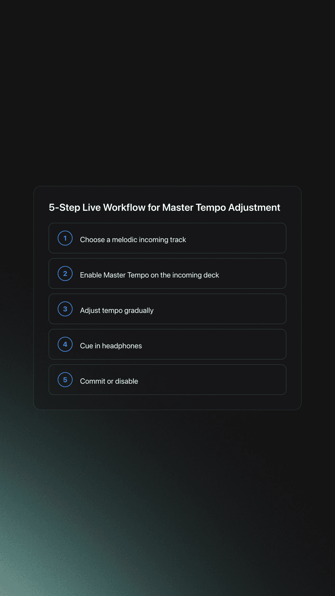 Step card showing a five-step workflow for using Master Tempo Adjustment during a DJ mix
