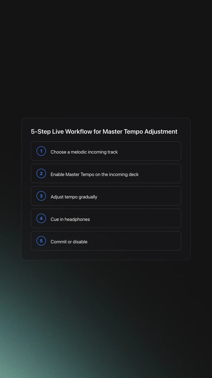 Step card showing a five-step workflow for using Master Tempo Adjustment during a DJ mix
