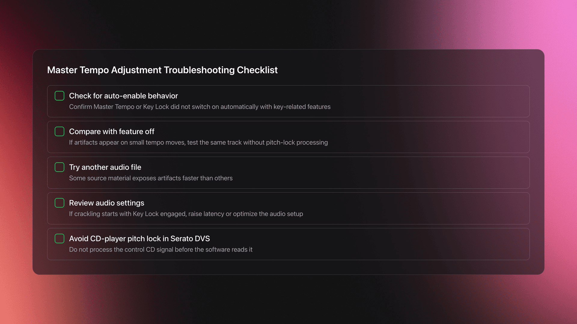 Checklist card for troubleshooting Master Tempo Adjustment issues including artifacts, crackling, and Serato DVS control signal problems