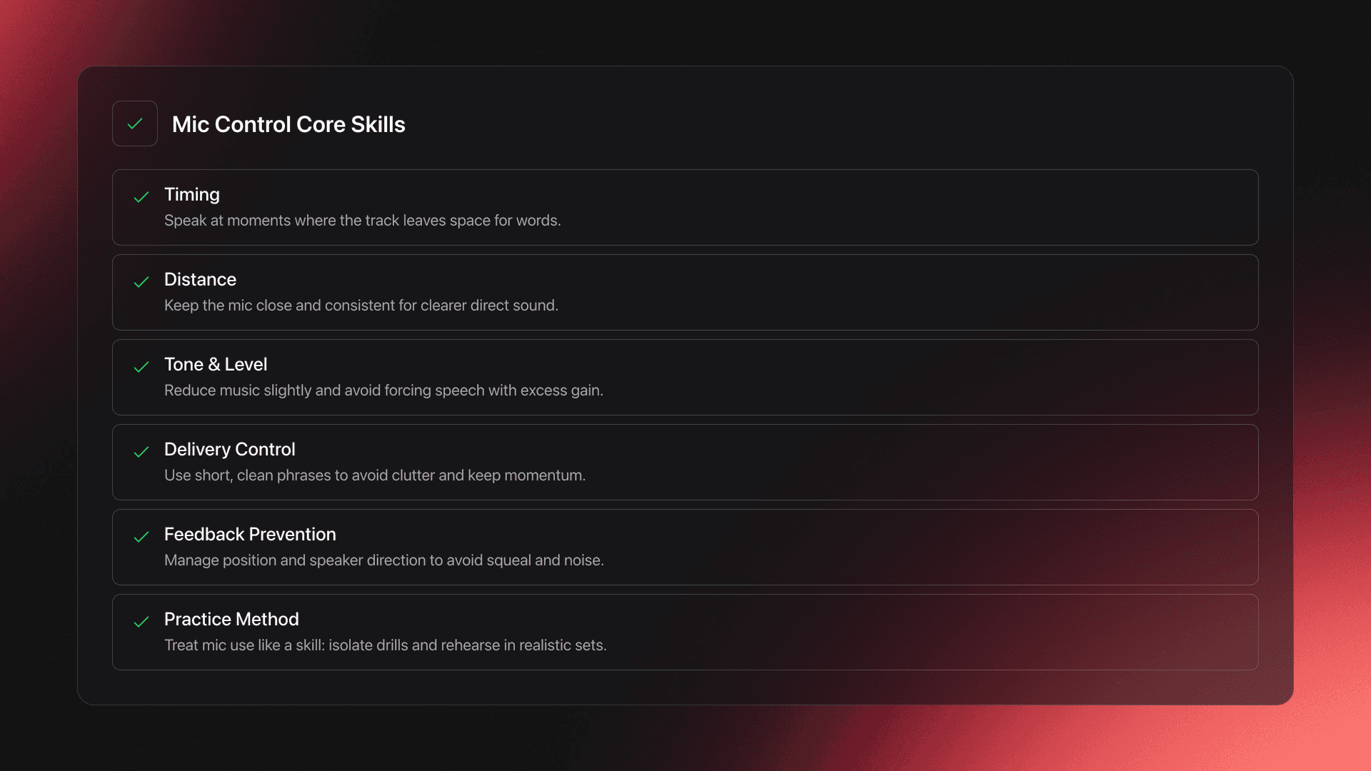 Feature card listing the core elements of mic control for DJs: timing, distance, tone and level, delivery, feedback prevention, and practice.