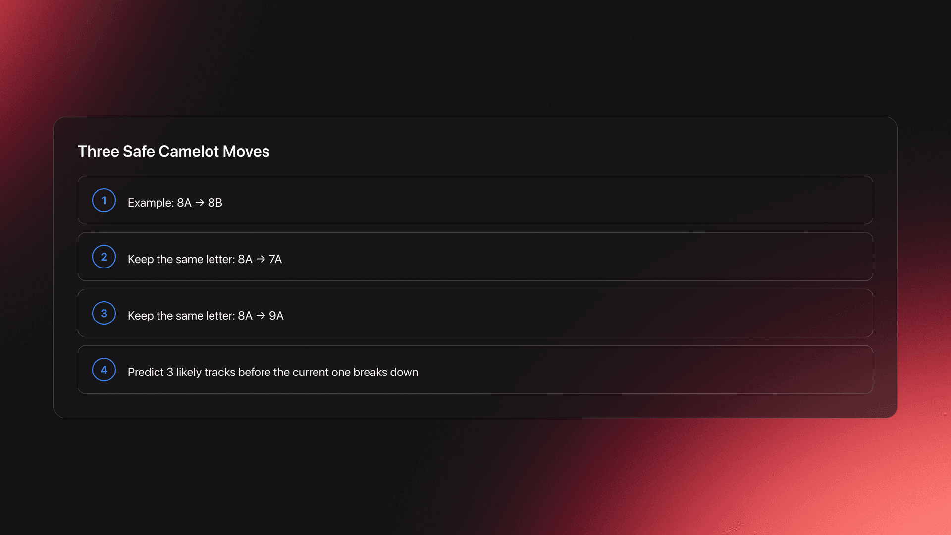 Steps card showing the three safe Camelot Wheel moves for harmonic mixing plus a workflow reminder