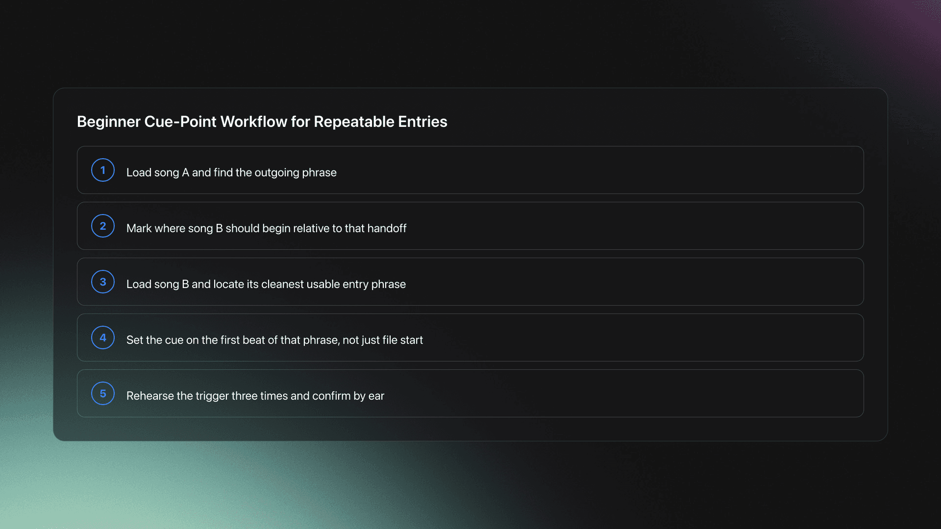 Steps card showing a five-step workflow for setting cue points for clean DJ transitions