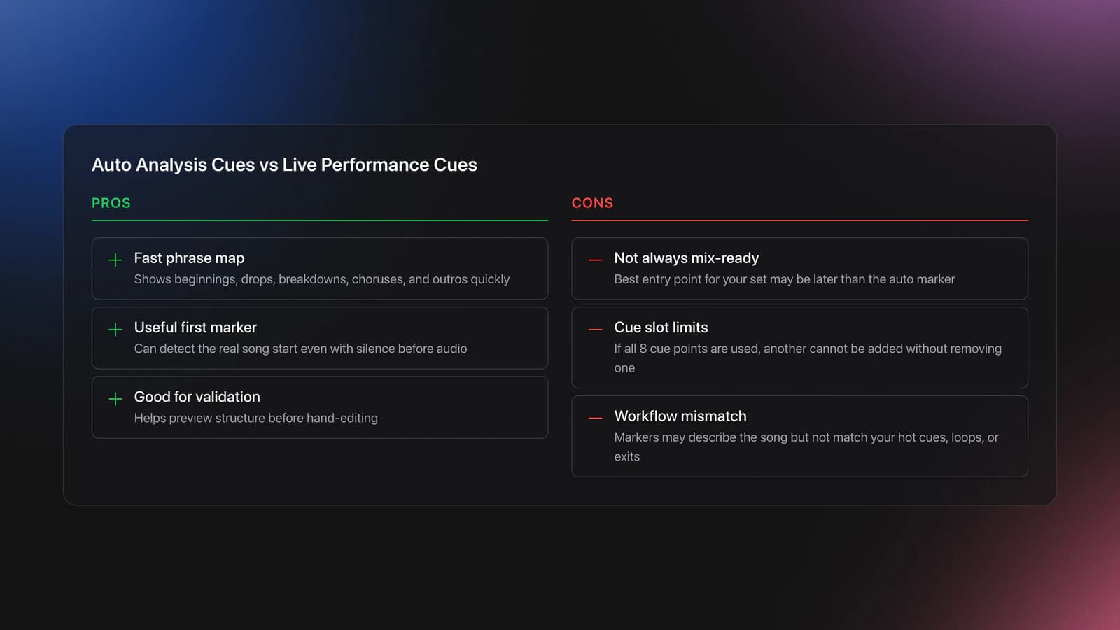 Pros and cons card comparing the benefits and limitations of Mixed In Key auto cue points for analysis versus live DJ performance