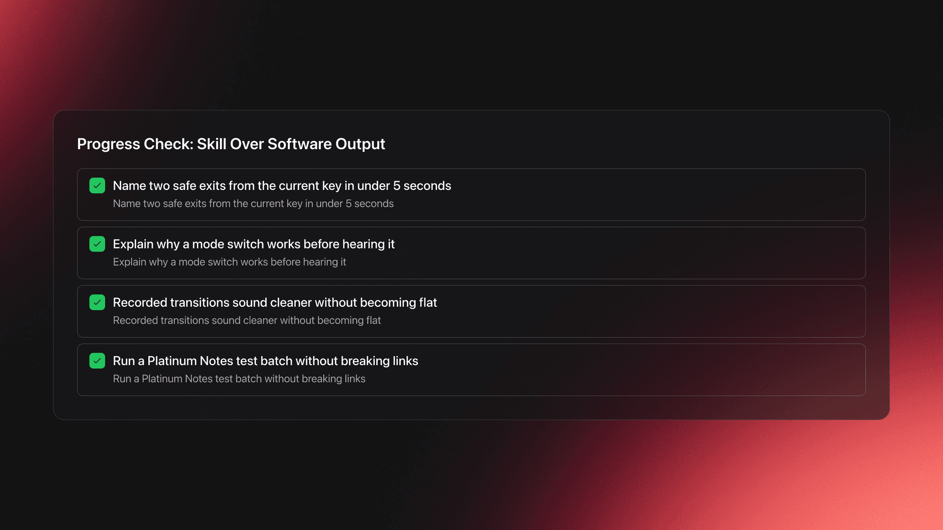 Checklist card for evaluating real progress with Mixed In Key based on decision speed, transition quality, and safe file workflow