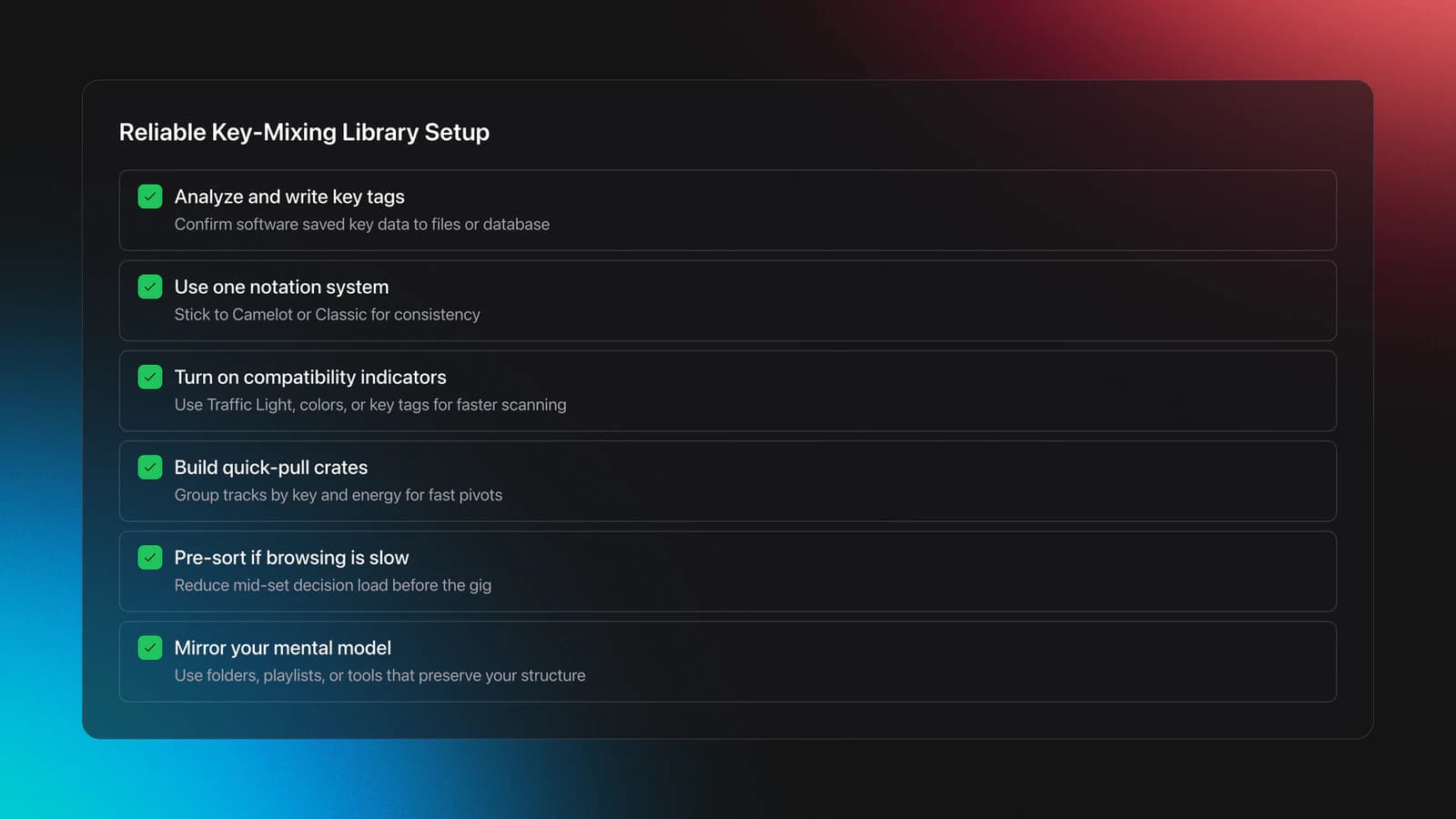 Checklist card showing six setup steps for a DJ library to make mixing in key more reliable