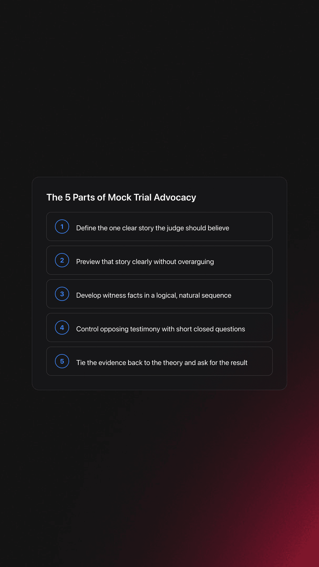Five-step card showing the main parts of mock trial advocacy from case theory through closing argument