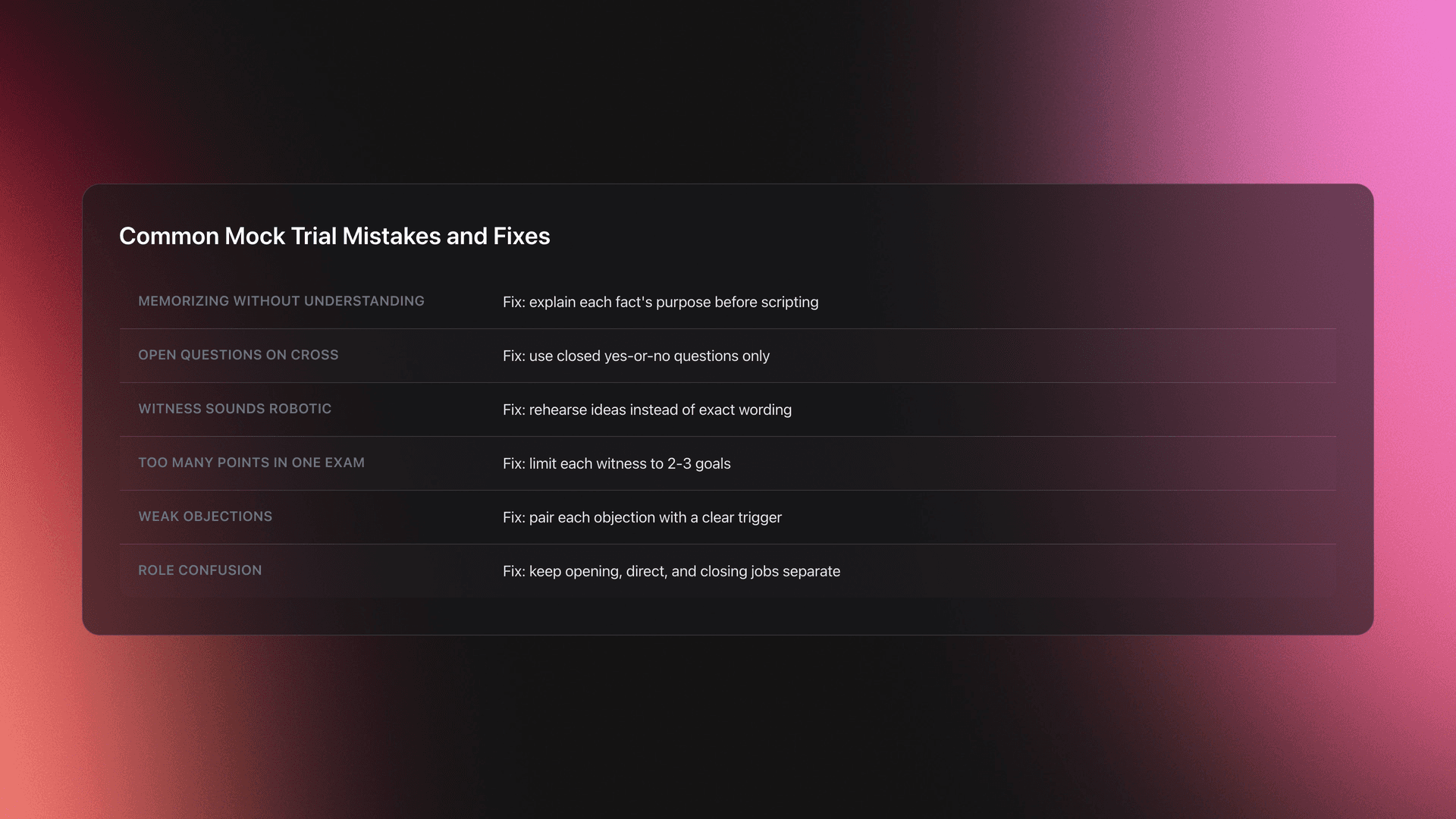 Table-style card listing common mock trial mistakes alongside practical fixes