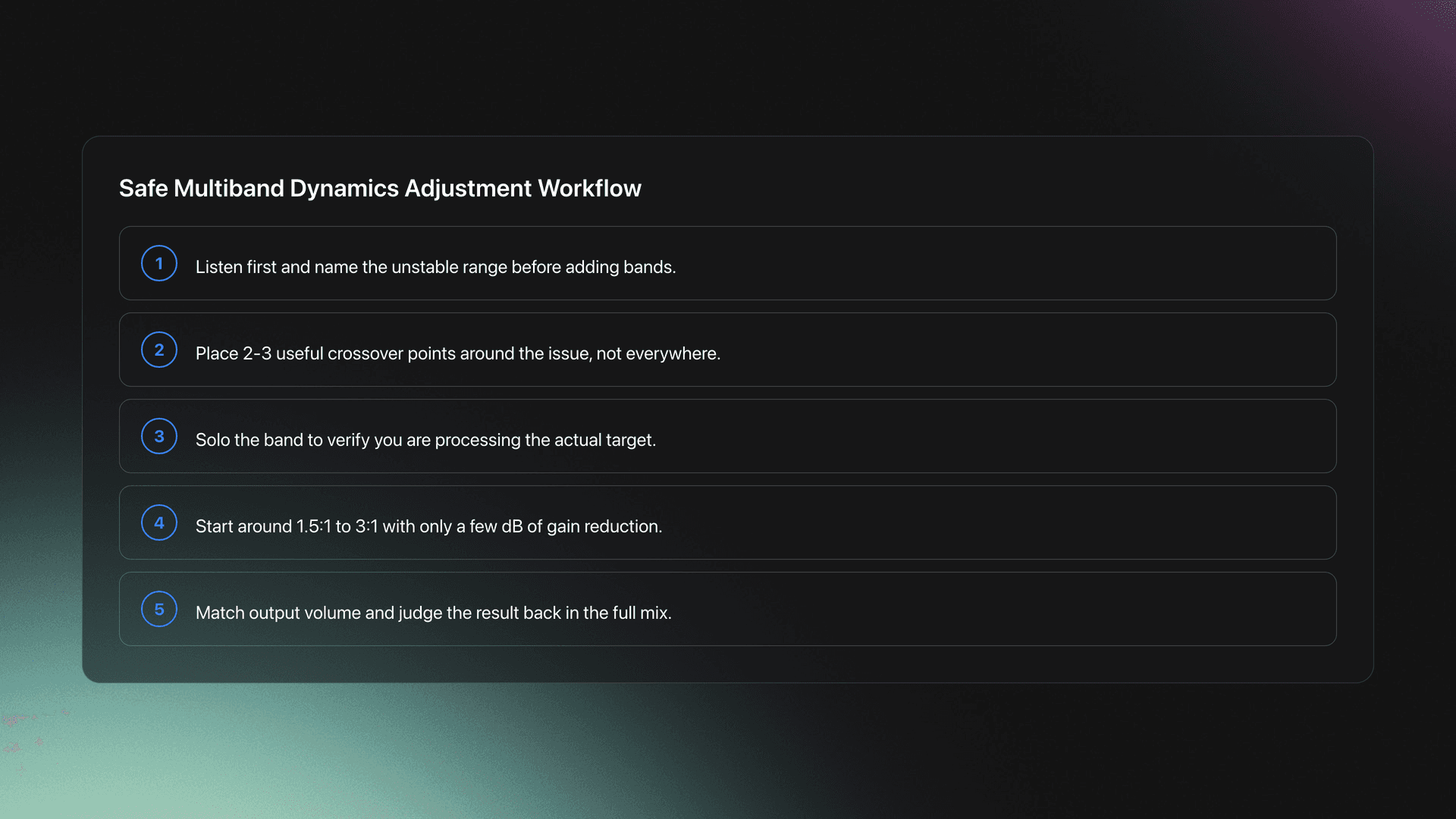 Five-step workflow for multiband dynamics adjustment from identifying the problem range to level-matching and checking in context