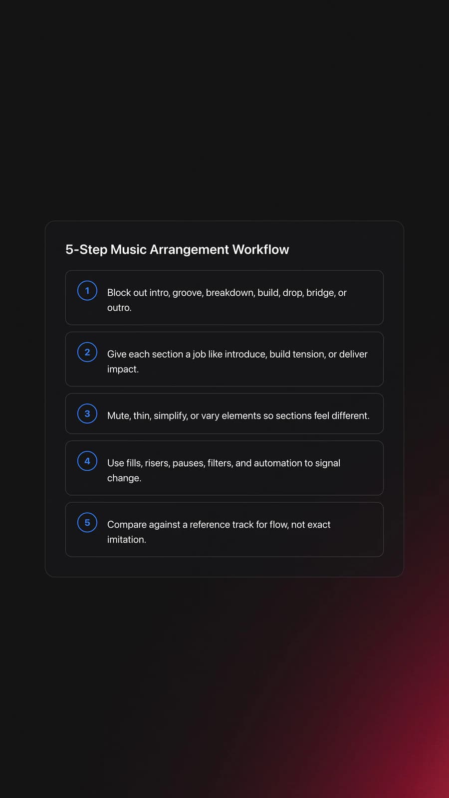 Five-step card outlining the core music arrangement process from mapping sections to checking pacing