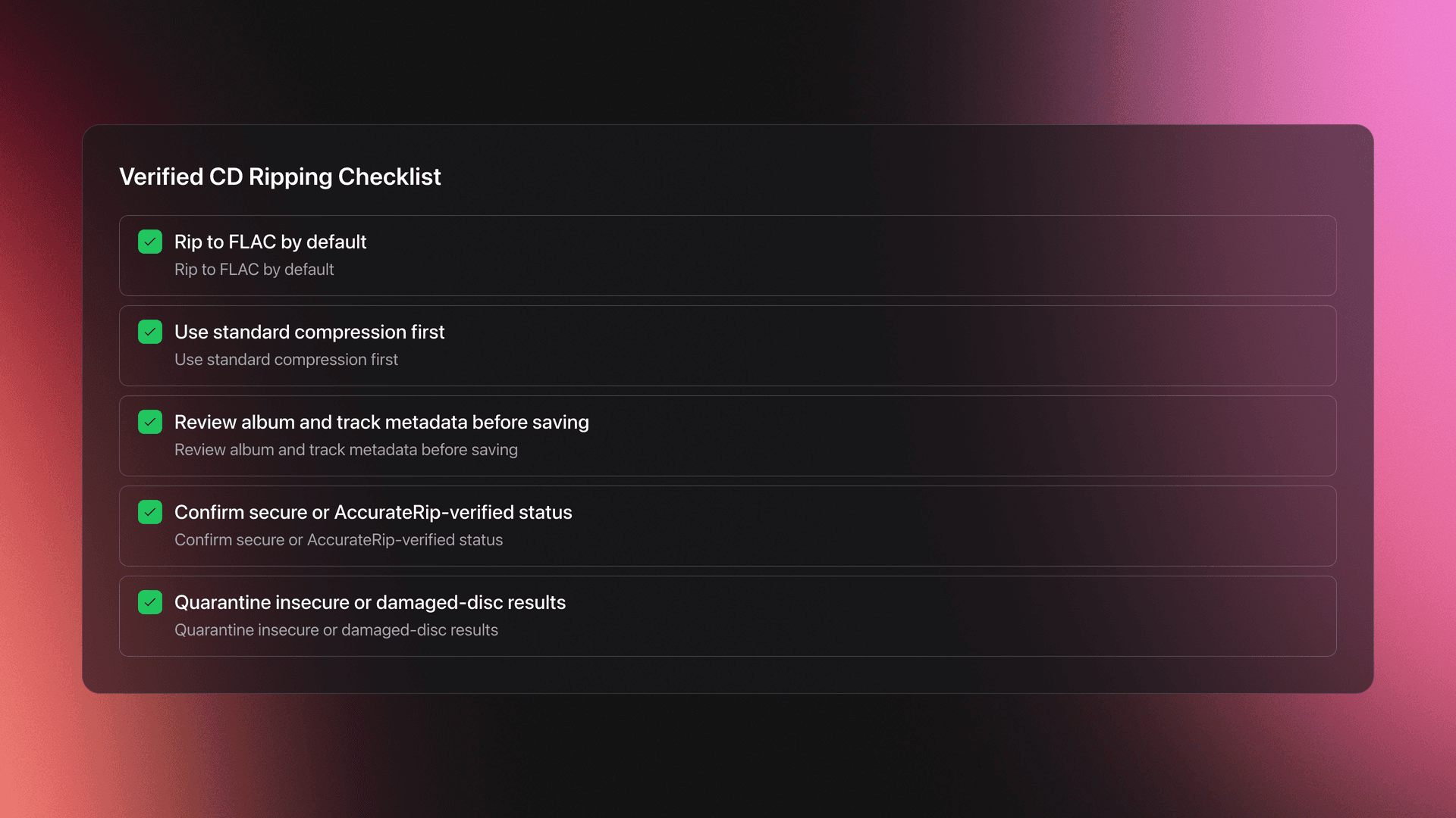 Checklist card for ripping CDs into a verifiable archive, including FLAC ripping, metadata review, verification, and quarantining bad discs