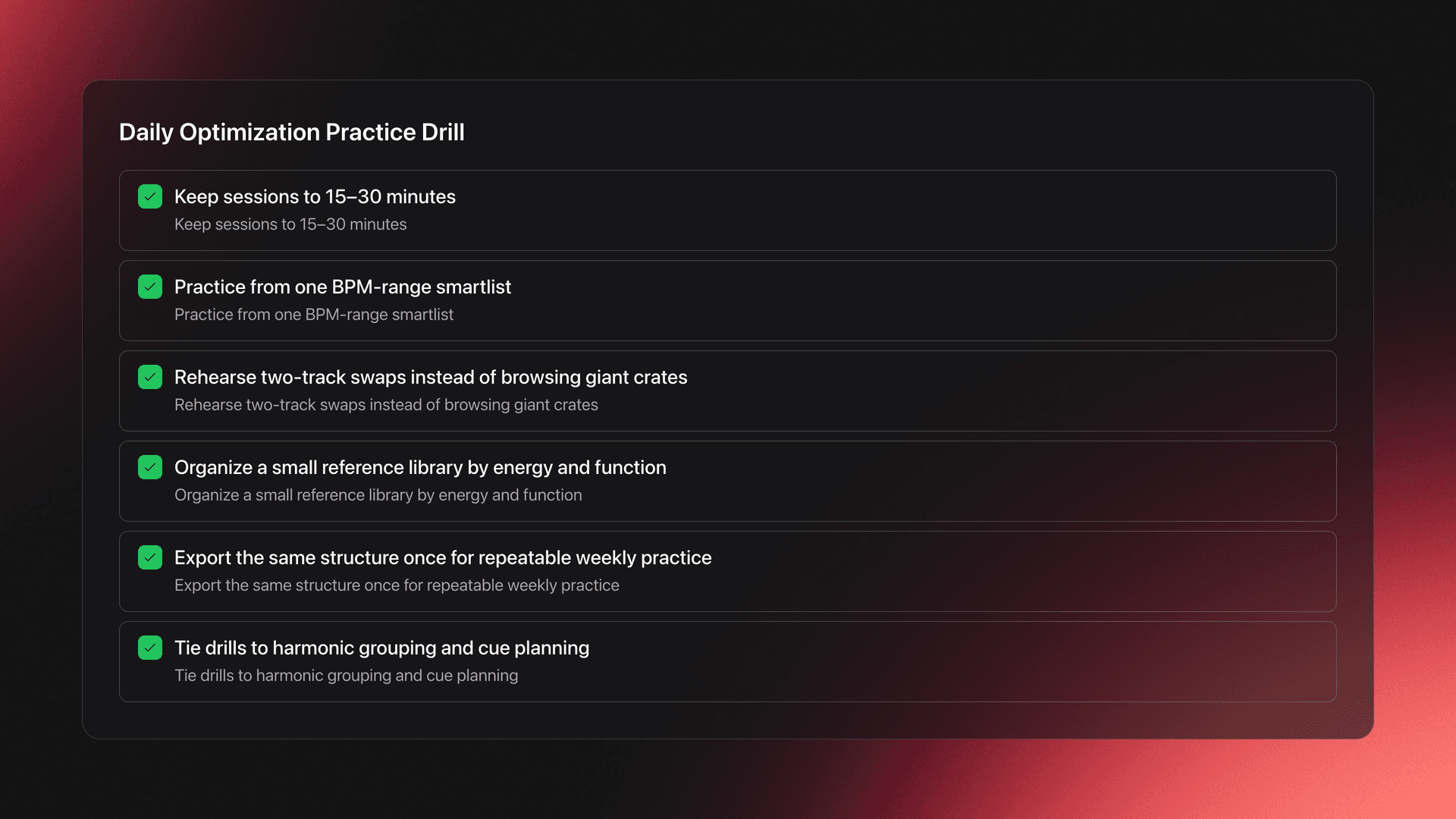 Checklist card showing a repeatable daily DJ practice routine focused on smartlists, energy grouping, and cue planning