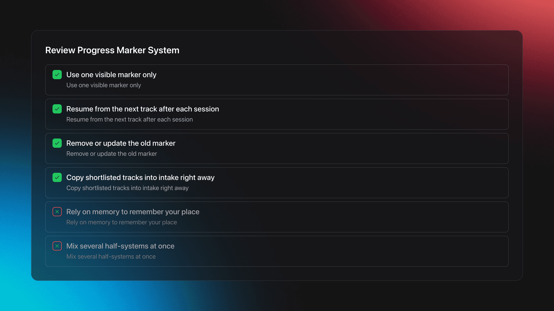 Checklist card showing best practices for tracking progress through long Spotify source playlists