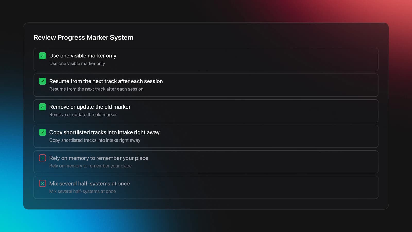 Checklist card showing best practices for tracking progress through long Spotify source playlists