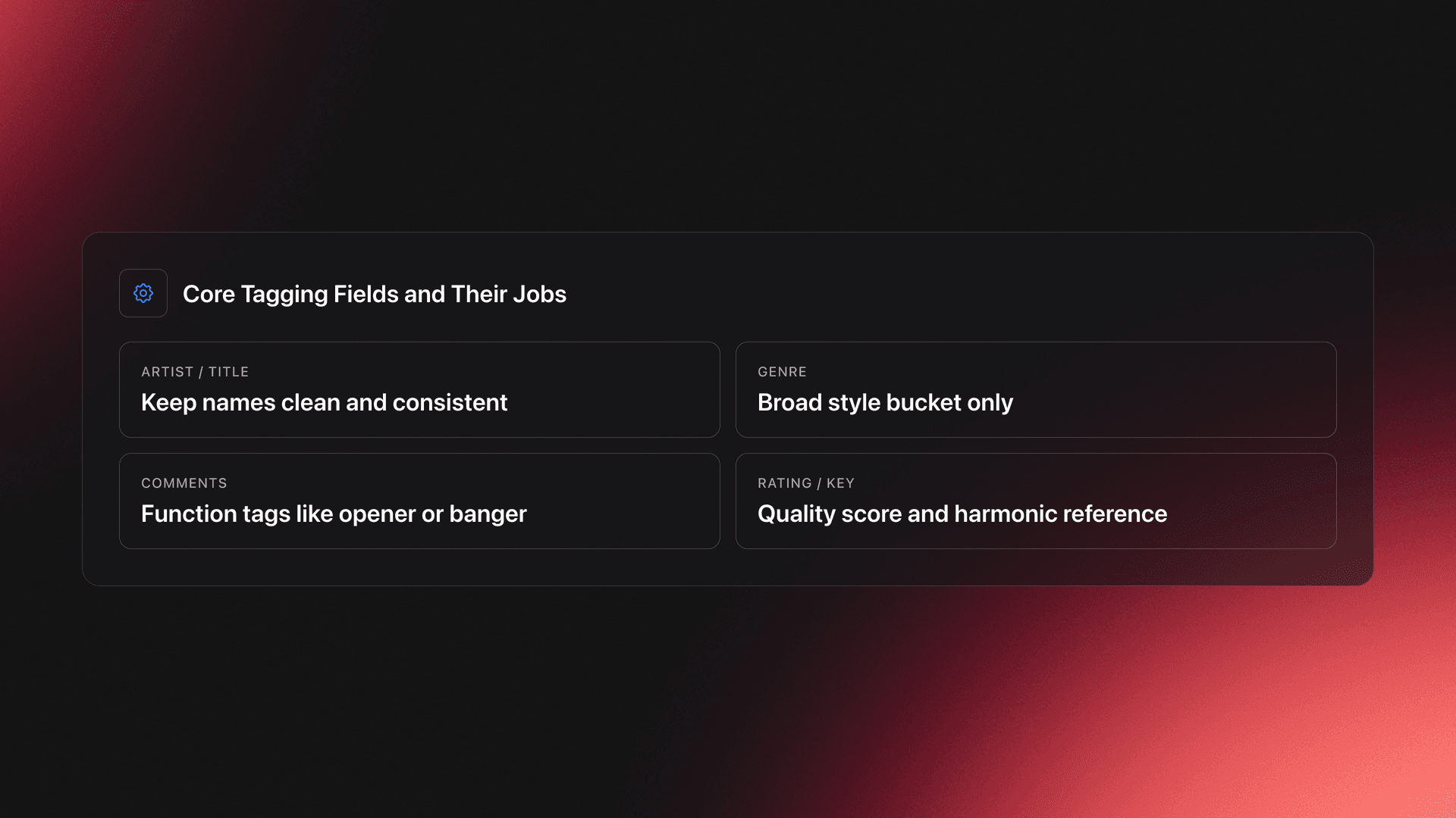 Specifications-style card listing the main DJ tagging fields and the single job each field should perform