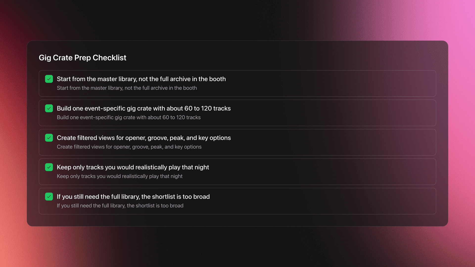 Checklist card for DJ gig prep showing how to build a focused event-specific crate from a master music library